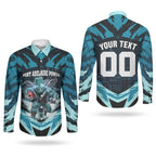Personalised Port Adelaide Power Football Couples Matching Off Shoulder Maxi Dress and Long Sleeve Button Shirt Teal Lightning Mascot Charging Cityscape