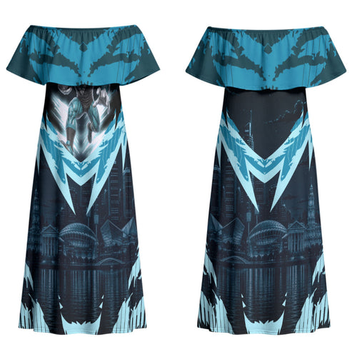 Personalised Port Adelaide Power Football Couples Matching Off Shoulder Maxi Dress and Long Sleeve Button Shirt Teal Lightning Mascot Charging Cityscape