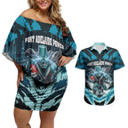Personalised Port Adelaide Power Football Couples Matching Off Shoulder Short Dress and Hawaiian Shirt Teal Lightning Mascot Charging Cityscape