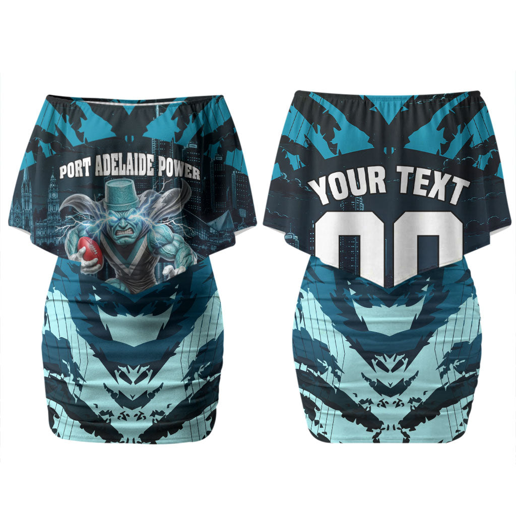 Personalised Port Adelaide Power Football Couples Matching Off Shoulder Short Dress and Hawaiian Shirt Teal Lightning Mascot Charging Cityscape