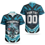 Personalised Port Adelaide Power Football Couples Matching Off Shoulder Short Dress and Hawaiian Shirt Teal Lightning Mascot Charging Cityscape
