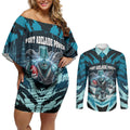 Personalised Port Adelaide Power Football Couples Matching Off Shoulder Short Dress and Long Sleeve Button Shirt Teal Lightning Mascot Charging Cityscape