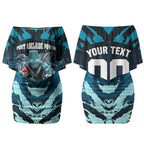 Personalised Port Adelaide Power Football Couples Matching Off Shoulder Short Dress and Long Sleeve Button Shirt Teal Lightning Mascot Charging Cityscape