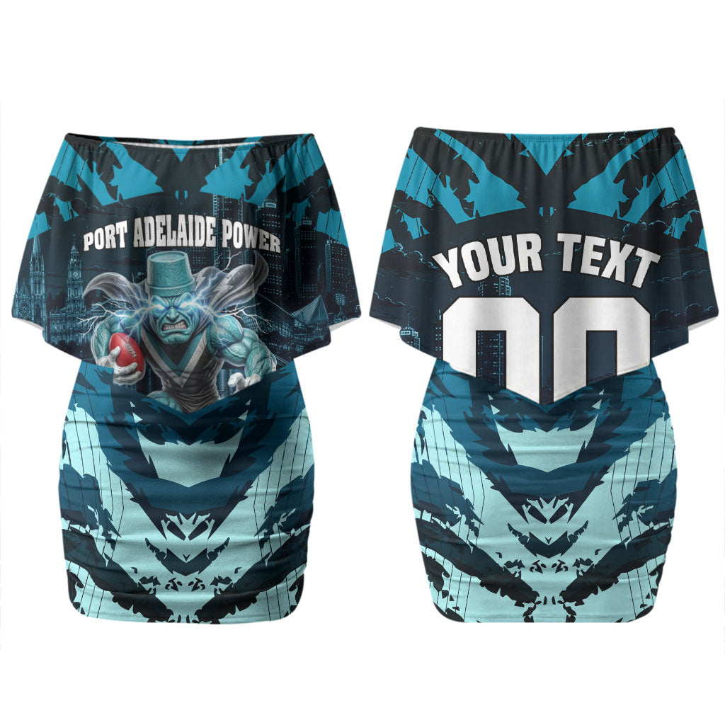 Personalised Port Adelaide Power Football Couples Matching Off Shoulder Short Dress and Long Sleeve Button Shirt Teal Lightning Mascot Charging Cityscape