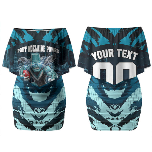Personalised Port Adelaide Power Football Couples Matching Off Shoulder Short Dress and Long Sleeve Button Shirt Teal Lightning Mascot Charging Cityscape