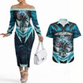 Personalised Port Adelaide Power Football Couples Matching Off The Shoulder Long Sleeve Dress and Hawaiian Shirt Teal Lightning Mascot Charging Cityscape