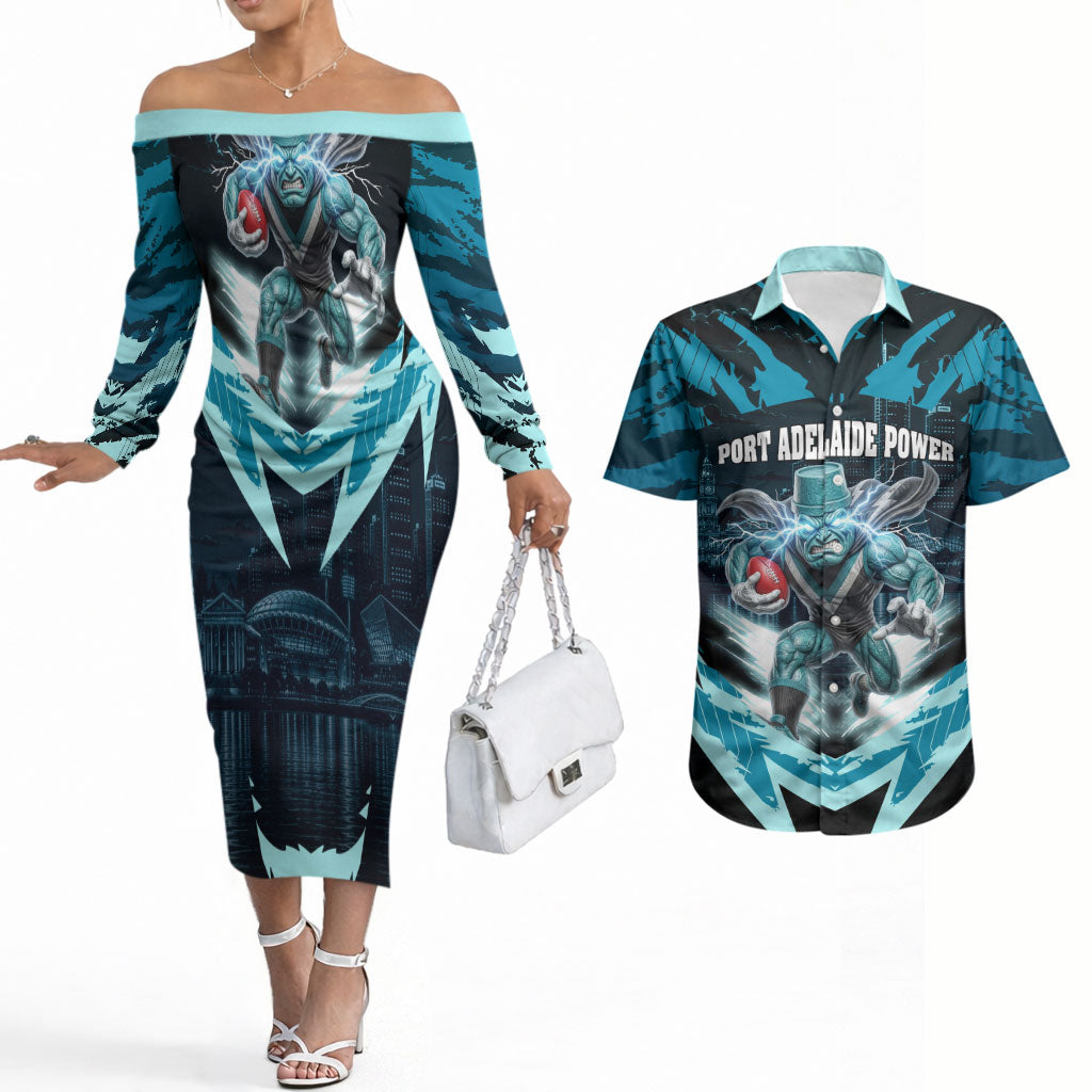 Personalised Port Adelaide Power Football Couples Matching Off The Shoulder Long Sleeve Dress and Hawaiian Shirt Teal Lightning Mascot Charging Cityscape