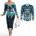 Personalised Port Adelaide Power Football Couples Matching Off The Shoulder Long Sleeve Dress and Long Sleeve Button Shirt Teal Lightning Mascot Charging Cityscape