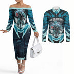 Personalised Port Adelaide Power Football Couples Matching Off The Shoulder Long Sleeve Dress and Long Sleeve Button Shirt Teal Lightning Mascot Charging Cityscape