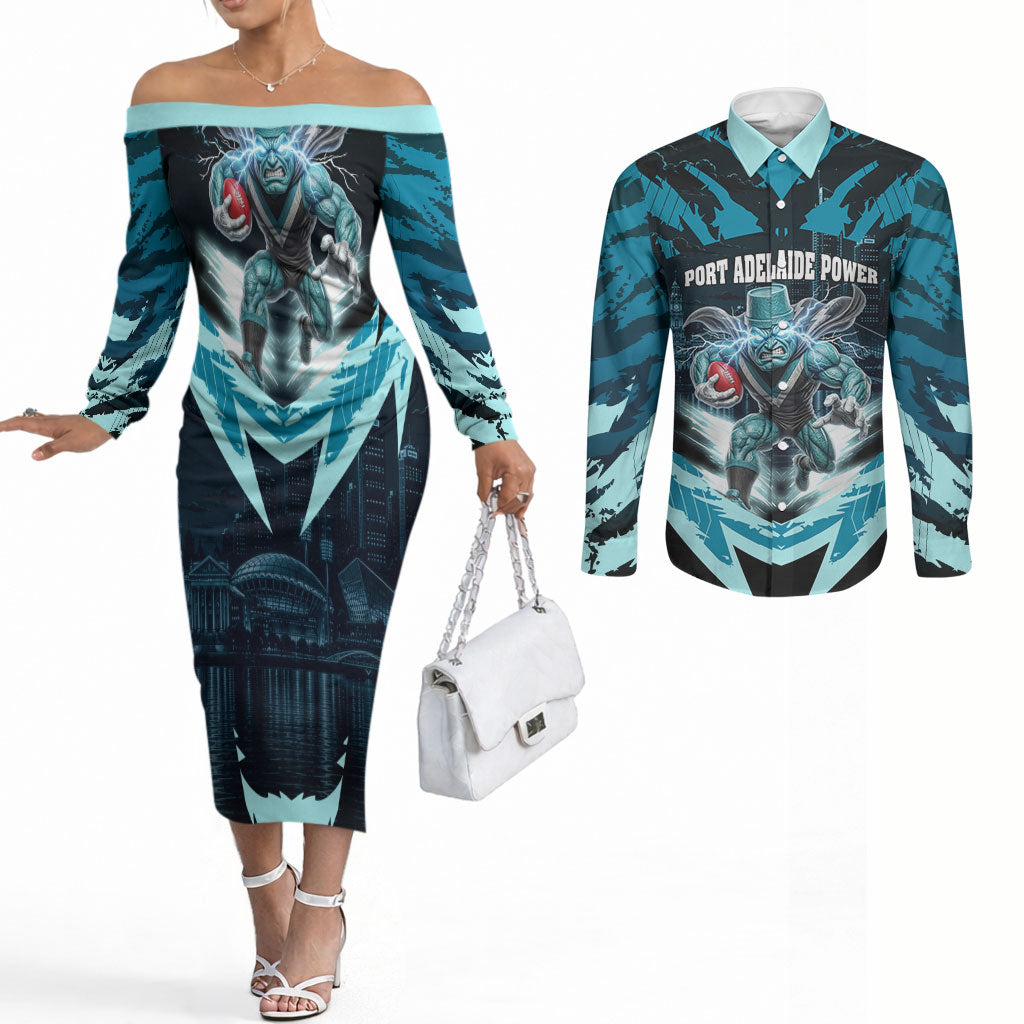 Personalised Port Adelaide Power Football Couples Matching Off The Shoulder Long Sleeve Dress and Long Sleeve Button Shirt Teal Lightning Mascot Charging Cityscape