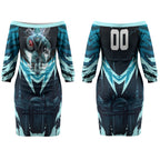 Personalised Port Adelaide Power Football Couples Matching Off The Shoulder Long Sleeve Dress and Long Sleeve Button Shirt Teal Lightning Mascot Charging Cityscape