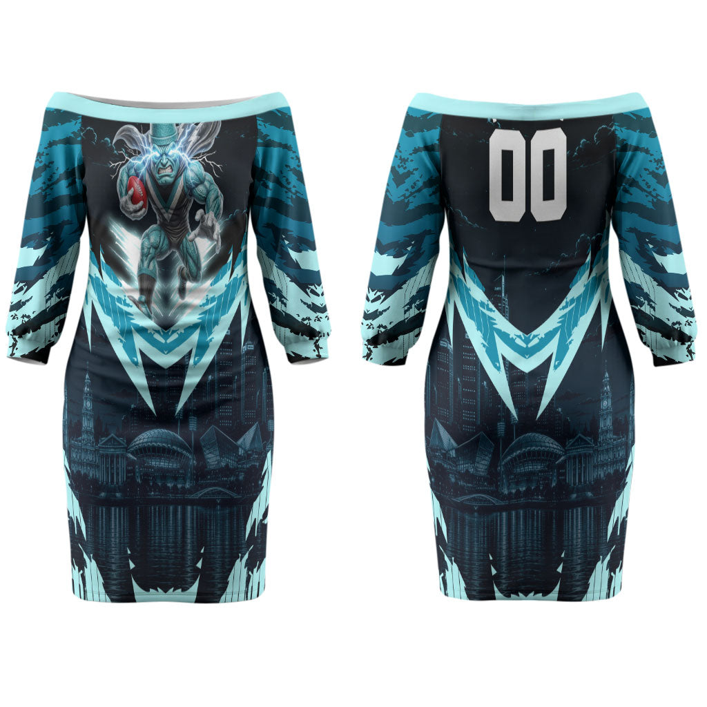 Personalised Port Adelaide Power Football Couples Matching Off The Shoulder Long Sleeve Dress and Long Sleeve Button Shirt Teal Lightning Mascot Charging Cityscape