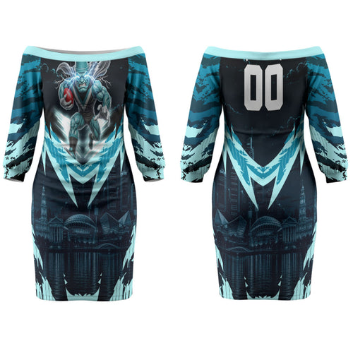 Personalised Port Adelaide Power Football Couples Matching Off The Shoulder Long Sleeve Dress and Long Sleeve Button Shirt Teal Lightning Mascot Charging Cityscape