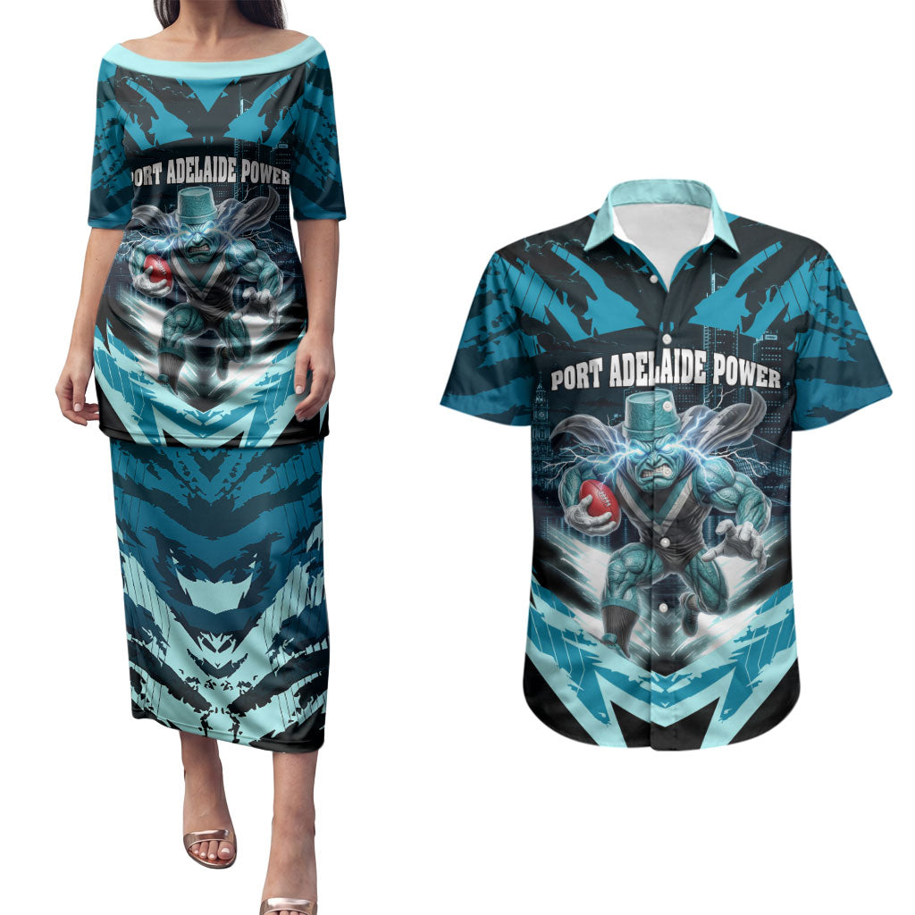 Personalised Port Adelaide Power Football Couples Matching Puletasi and Hawaiian Shirt Teal Lightning Mascot Charging Cityscape