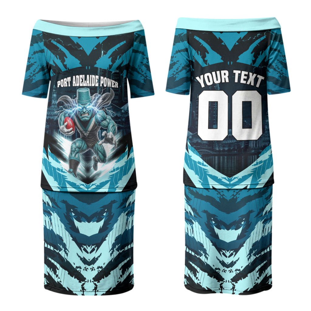Personalised Port Adelaide Power Football Couples Matching Puletasi and Hawaiian Shirt Teal Lightning Mascot Charging Cityscape