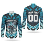 Personalised Port Adelaide Power Football Couples Matching Puletasi and Long Sleeve Button Shirt Teal Lightning Mascot Charging Cityscape