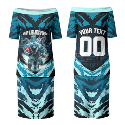 Personalised Port Adelaide Power Football Couples Matching Puletasi and Long Sleeve Button Shirt Teal Lightning Mascot Charging Cityscape
