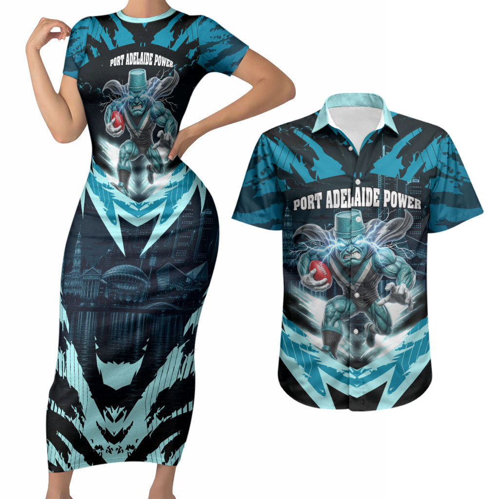 Personalised Port Adelaide Power Football Couples Matching Short Sleeve Bodycon Dress and Hawaiian Shirt Teal Lightning Mascot Charging Cityscape