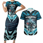 Personalised Port Adelaide Power Football Couples Matching Short Sleeve Bodycon Dress and Hawaiian Shirt Teal Lightning Mascot Charging Cityscape