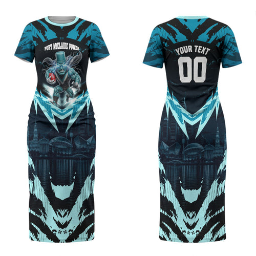 Personalised Port Adelaide Power Football Couples Matching Short Sleeve Bodycon Dress and Hawaiian Shirt Teal Lightning Mascot Charging Cityscape