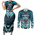 Personalised Port Adelaide Power Football Couples Matching Short Sleeve Bodycon Dress and Long Sleeve Button Shirt Teal Lightning Mascot Charging Cityscape