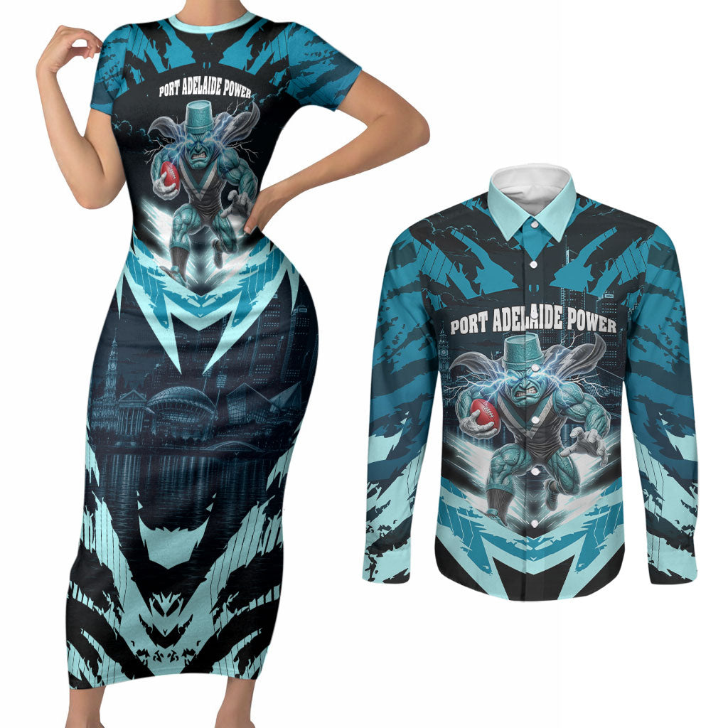 Personalised Port Adelaide Power Football Couples Matching Short Sleeve Bodycon Dress and Long Sleeve Button Shirt Teal Lightning Mascot Charging Cityscape