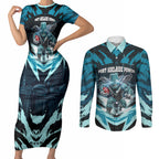 Personalised Port Adelaide Power Football Couples Matching Short Sleeve Bodycon Dress and Long Sleeve Button Shirt Teal Lightning Mascot Charging Cityscape