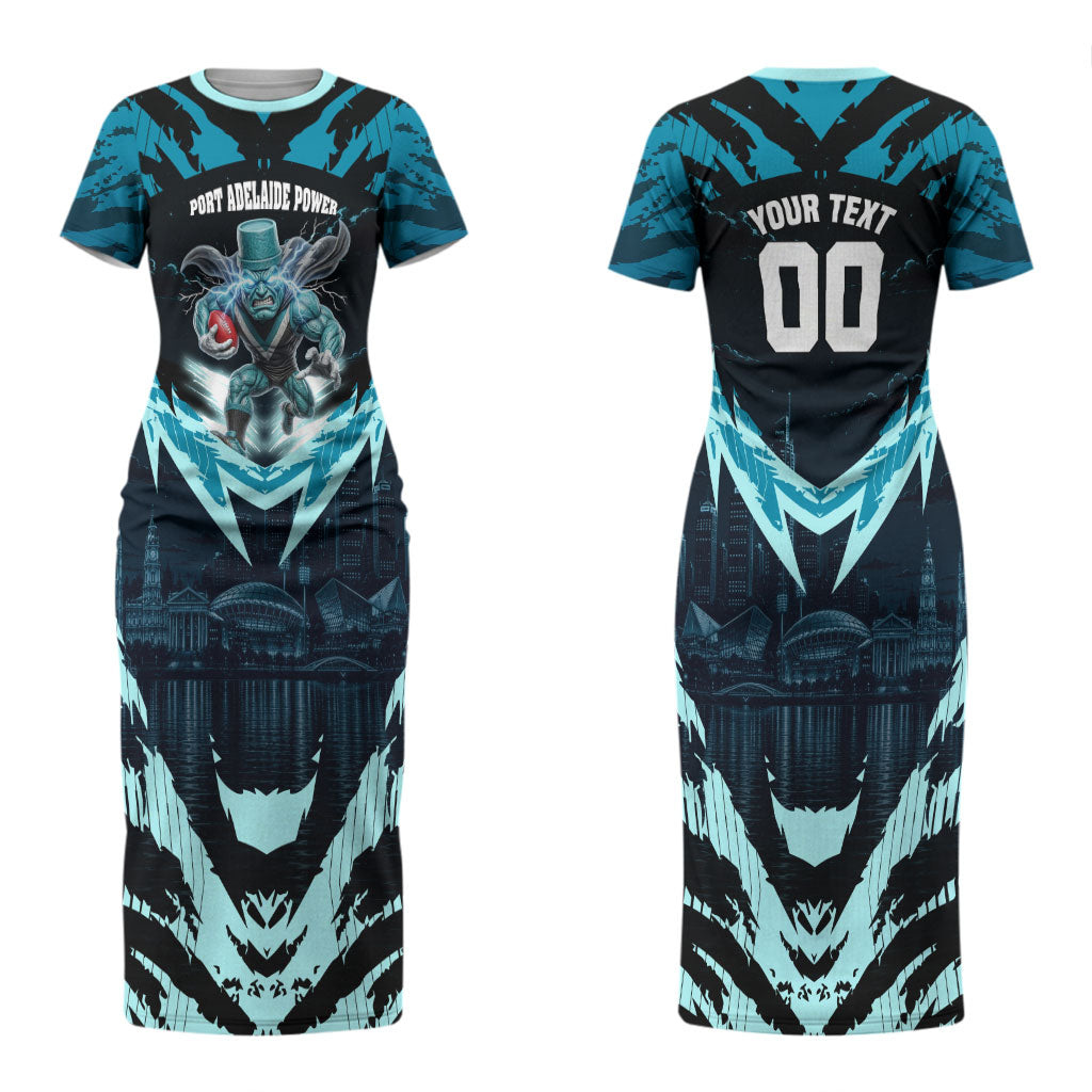 Personalised Port Adelaide Power Football Couples Matching Short Sleeve Bodycon Dress and Long Sleeve Button Shirt Teal Lightning Mascot Charging Cityscape
