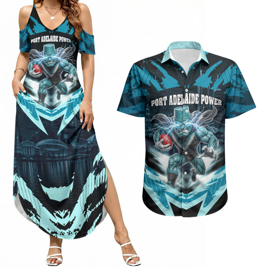 Personalised Port Adelaide Power Football Couples Matching Summer Maxi Dress and Hawaiian Shirt Teal Lightning Mascot Charging Cityscape
