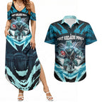 Personalised Port Adelaide Power Football Couples Matching Summer Maxi Dress and Hawaiian Shirt Teal Lightning Mascot Charging Cityscape