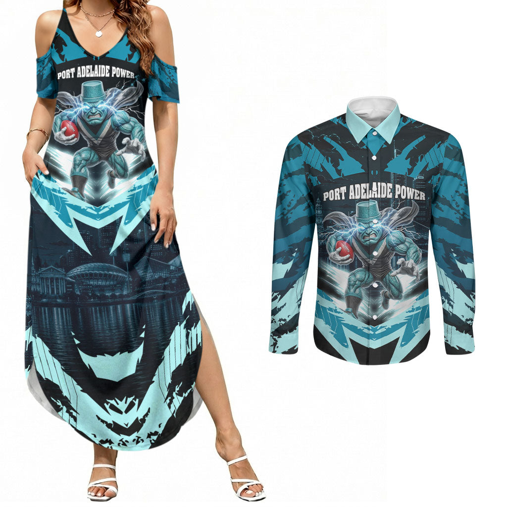Personalised Port Adelaide Power Football Couples Matching Summer Maxi Dress and Long Sleeve Button Shirt Teal Lightning Mascot Charging Cityscape