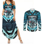 Personalised Port Adelaide Power Football Couples Matching Summer Maxi Dress and Long Sleeve Button Shirt Teal Lightning Mascot Charging Cityscape