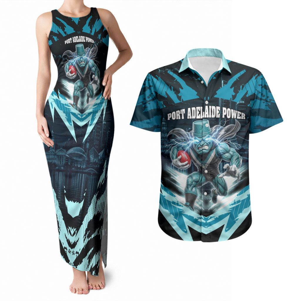 Personalised Port Adelaide Power Football Couples Matching Tank Maxi Dress and Hawaiian Shirt Teal Lightning Mascot Charging Cityscape