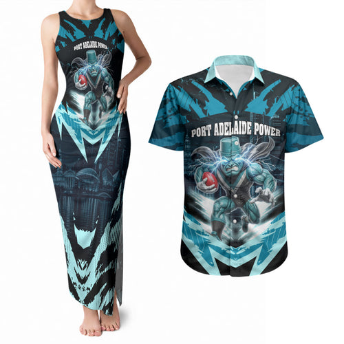 Personalised Port Adelaide Power Football Couples Matching Tank Maxi Dress and Hawaiian Shirt Teal Lightning Mascot Charging Cityscape