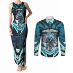 Personalised Port Adelaide Power Football Couples Matching Tank Maxi Dress and Long Sleeve Button Shirt Teal Lightning Mascot Charging Cityscape