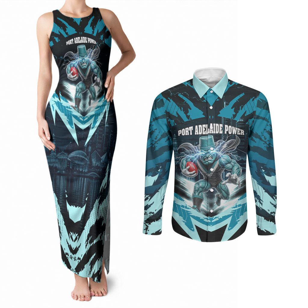 Personalised Port Adelaide Power Football Couples Matching Tank Maxi Dress and Long Sleeve Button Shirt Teal Lightning Mascot Charging Cityscape
