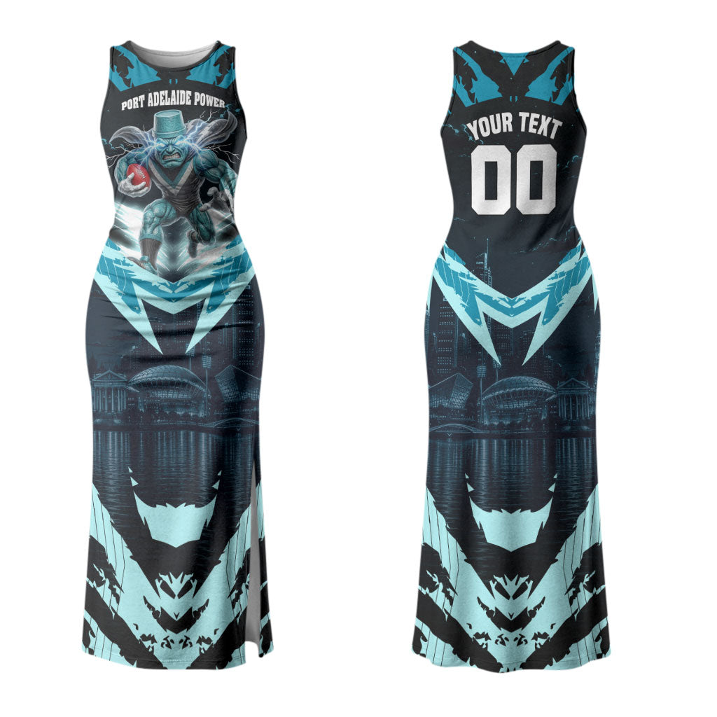 Personalised Port Adelaide Power Football Couples Matching Tank Maxi Dress and Long Sleeve Button Shirt Teal Lightning Mascot Charging Cityscape