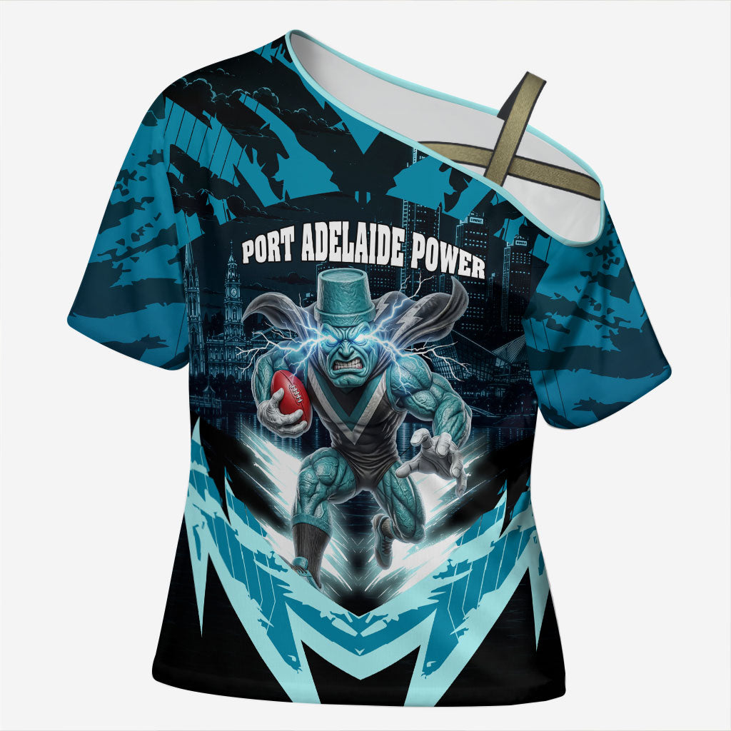 Personalised Port Adelaide Power Football Cross Shoulder Shirt Teal Lightning Mascot Charging Cityscape