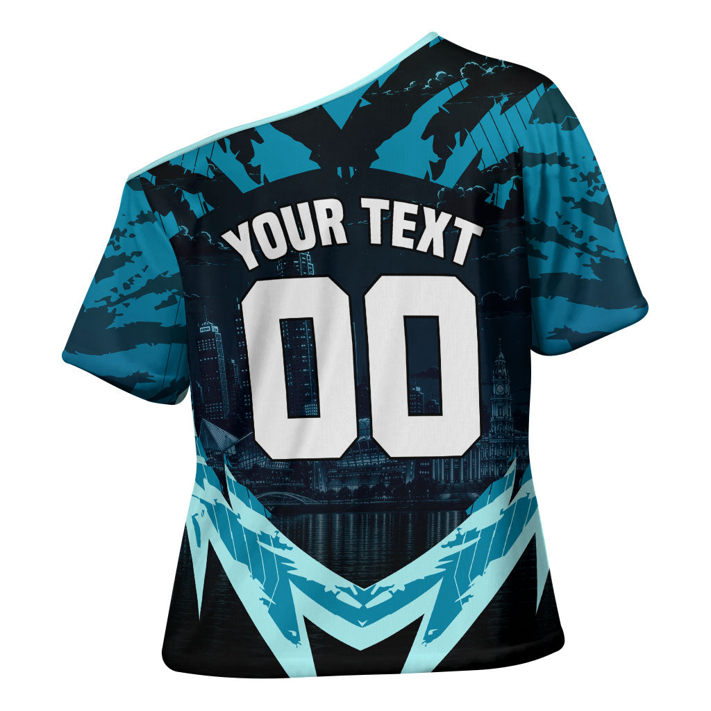 Personalised Port Adelaide Power Football Cross Shoulder Shirt Teal Lightning Mascot Charging Cityscape