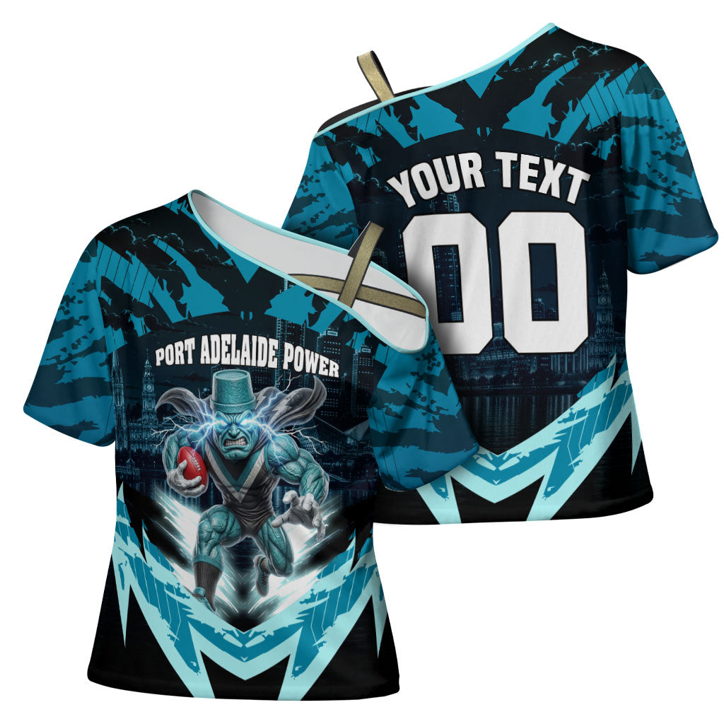Personalised Port Adelaide Power Football Cross Shoulder Shirt Teal Lightning Mascot Charging Cityscape