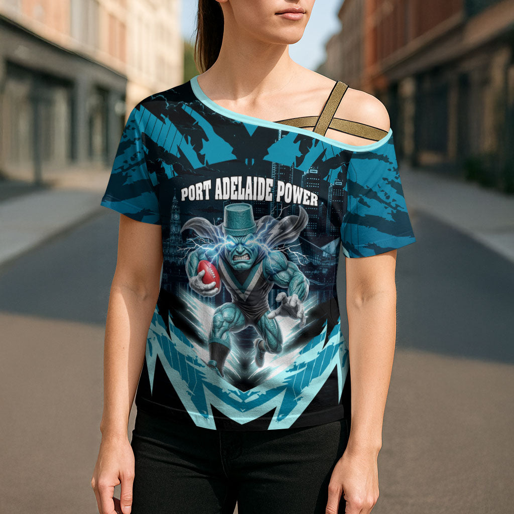 Personalised Port Adelaide Power Football Cross Shoulder Shirt Teal Lightning Mascot Charging Cityscape