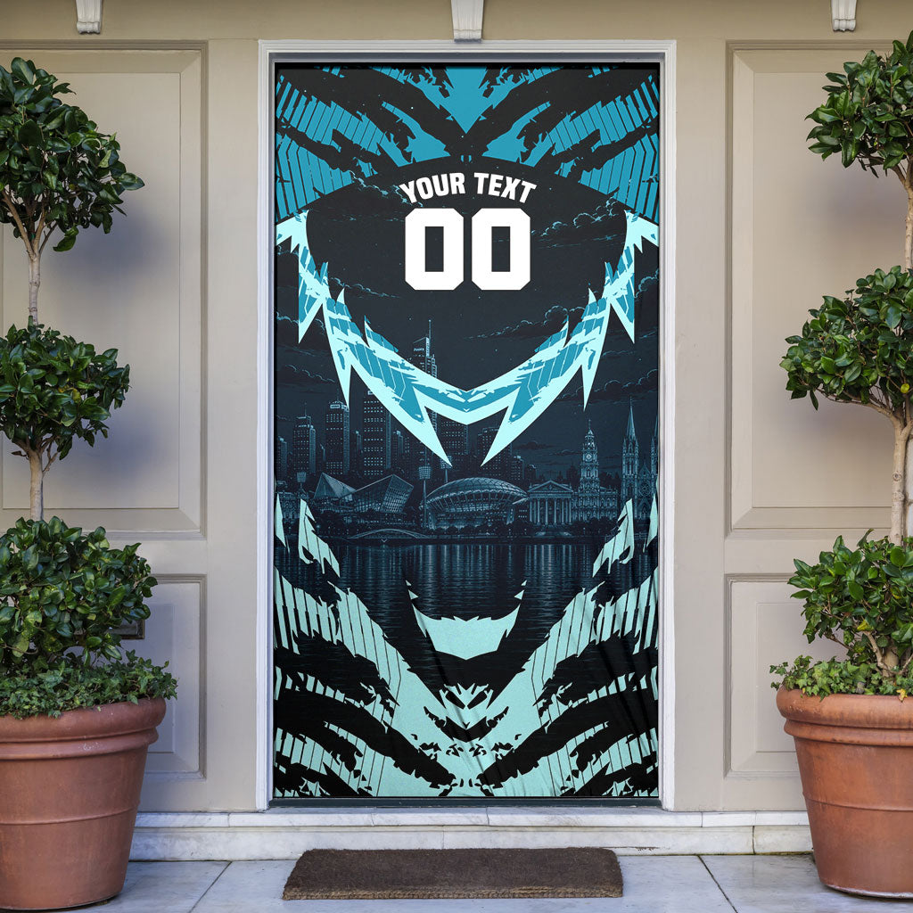 Personalised Port Adelaide Power Football Door Cover Teal Lightning Mascot Charging Cityscape