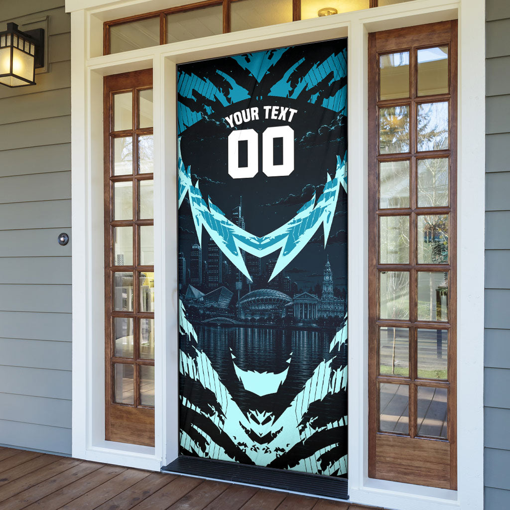 Personalised Port Adelaide Power Football Door Cover Teal Lightning Mascot Charging Cityscape