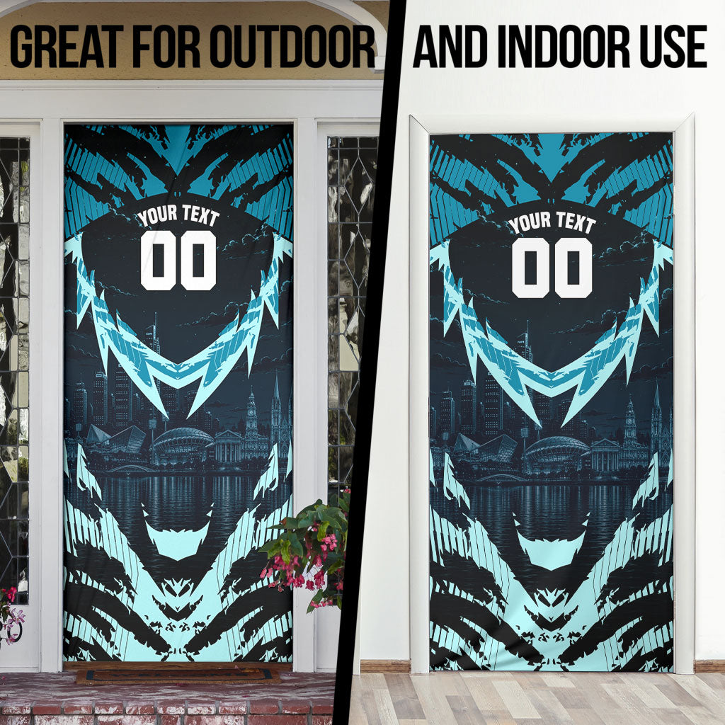 Personalised Port Adelaide Power Football Door Cover Teal Lightning Mascot Charging Cityscape