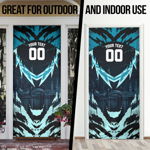 Personalised Port Adelaide Power Football Door Cover Teal Lightning Mascot Charging Cityscape