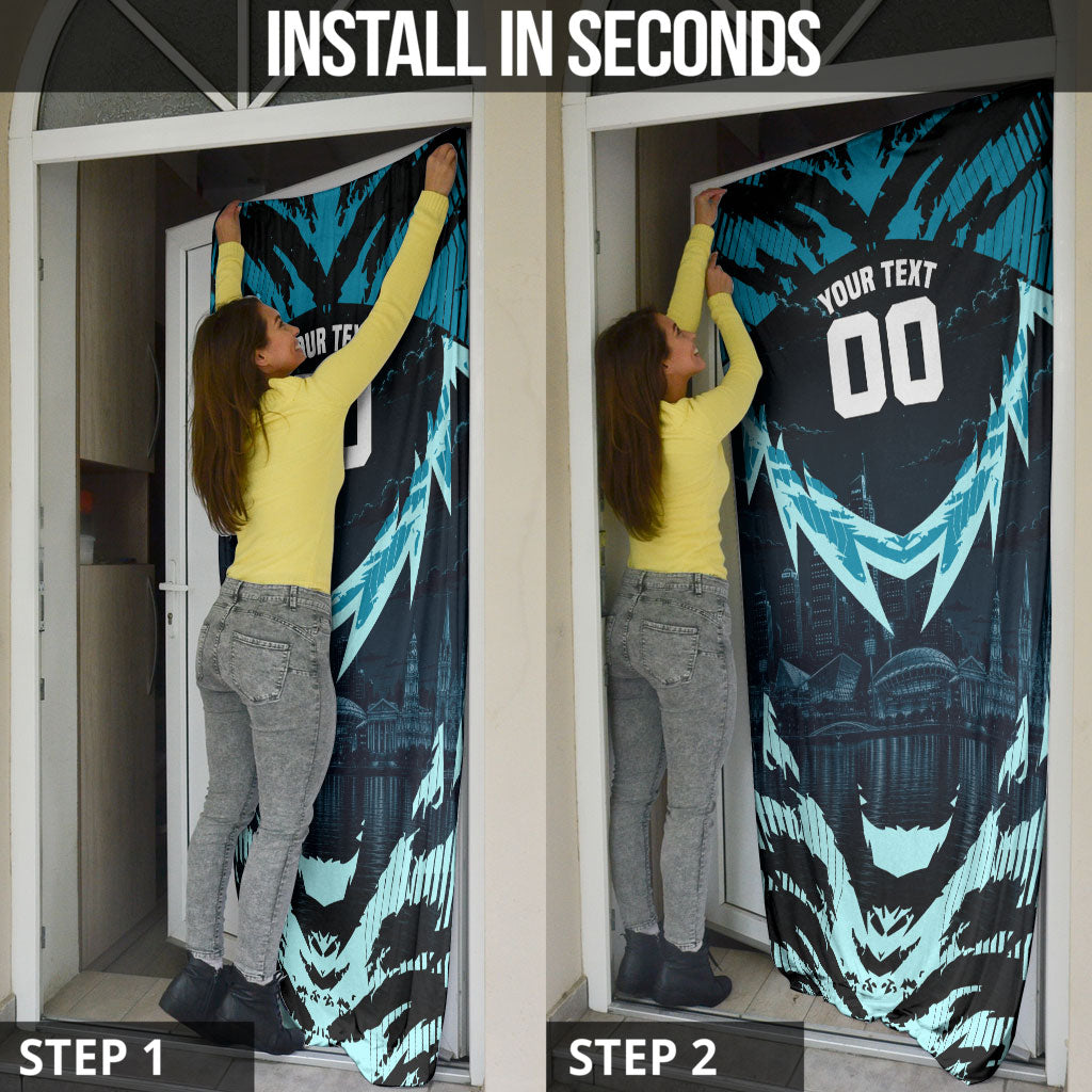 Personalised Port Adelaide Power Football Door Cover Teal Lightning Mascot Charging Cityscape