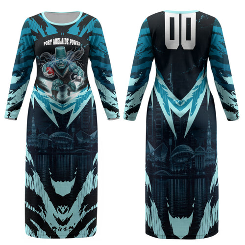 Personalised Port Adelaide Power Football Family Matching Long Sleeve Bodycon Dress and Hawaiian Shirt Teal Lightning Mascot Charging Cityscape