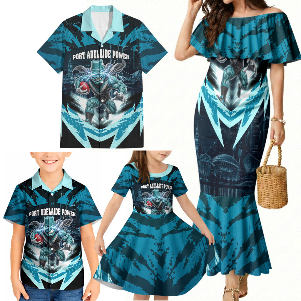 Personalised Port Adelaide Power Football Family Matching Mermaid Dress and Hawaiian Shirt Teal Lightning Mascot Charging Cityscape