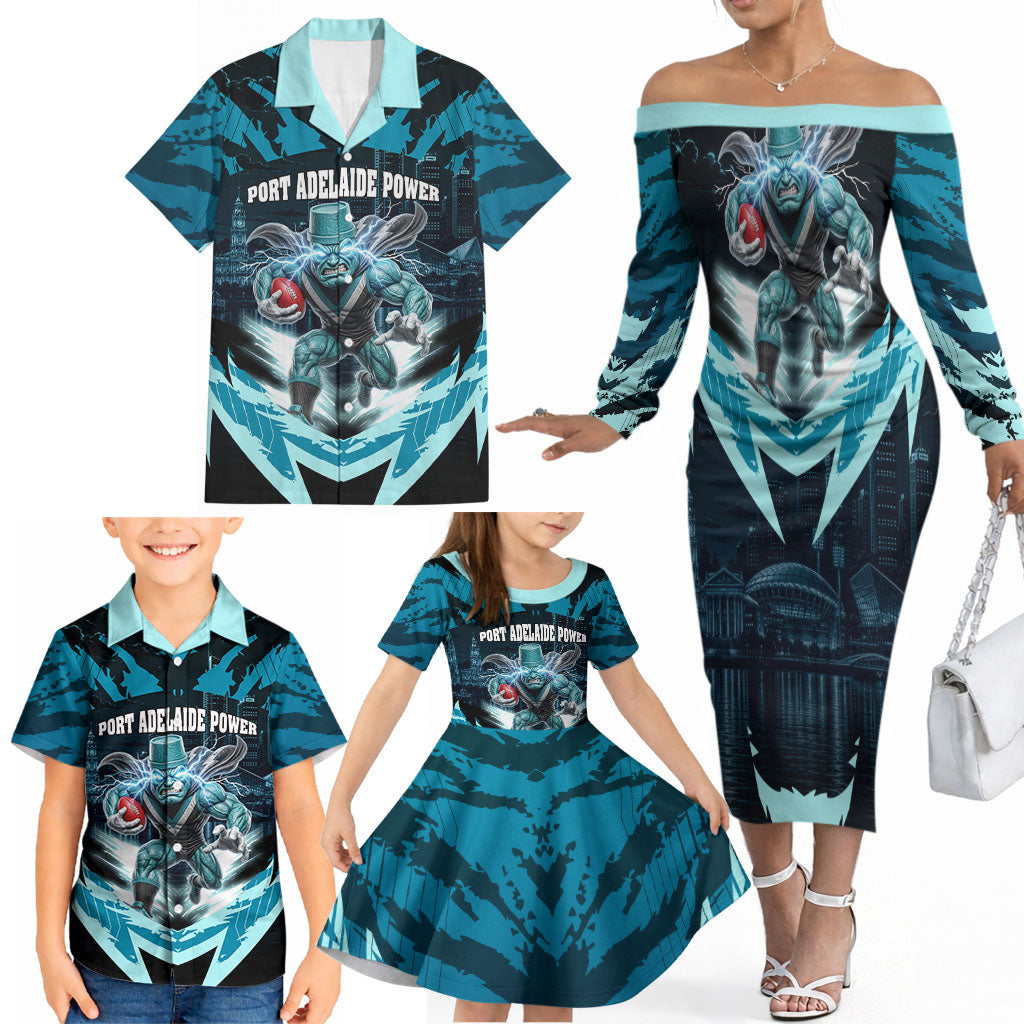 Personalised Port Adelaide Power Football Family Matching Off The Shoulder Long Sleeve Dress and Hawaiian Shirt Teal Lightning Mascot Charging Cityscape