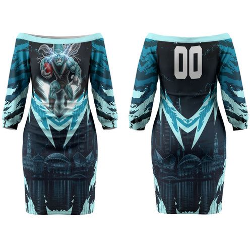 Personalised Port Adelaide Power Football Family Matching Off The Shoulder Long Sleeve Dress and Hawaiian Shirt Teal Lightning Mascot Charging Cityscape